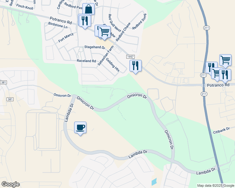 map of restaurants, bars, coffee shops, grocery stores, and more near 14815 Omicron Drive in San Antonio