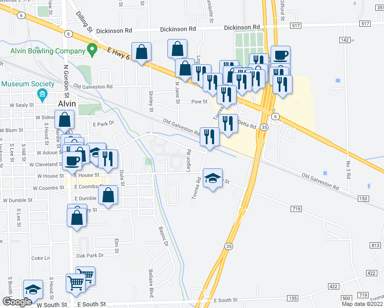 map of restaurants, bars, coffee shops, grocery stores, and more near 1200 East Adoue Street in Alvin