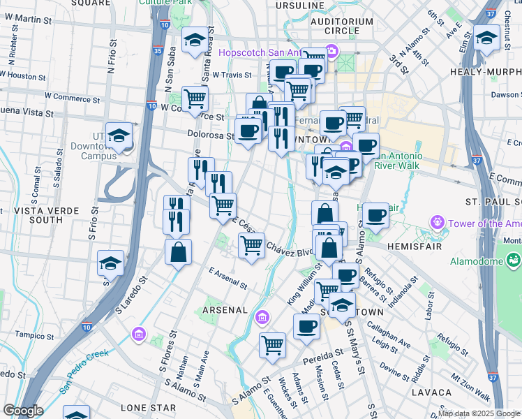 map of restaurants, bars, coffee shops, grocery stores, and more near 506 South Main Avenue in San Antonio