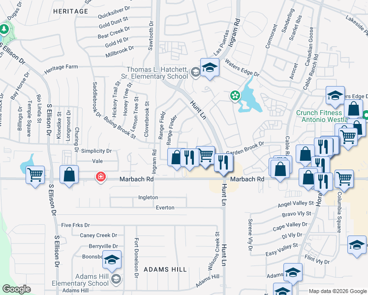 map of restaurants, bars, coffee shops, grocery stores, and more near 1530 Ambush Creek in San Antonio