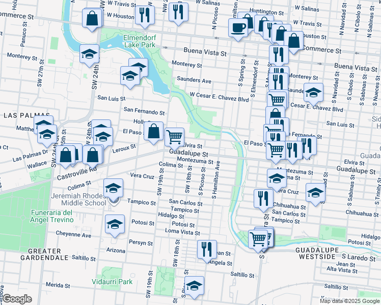 map of restaurants, bars, coffee shops, grocery stores, and more near 1503 Elvira in San Antonio