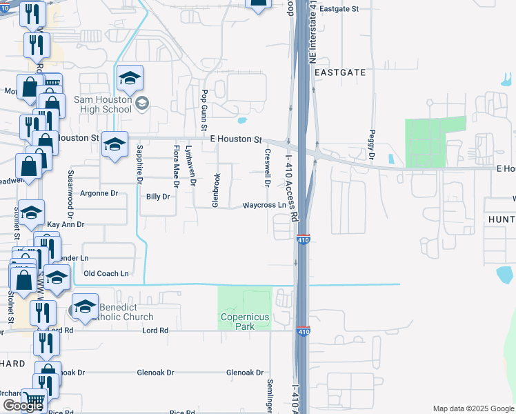 map of restaurants, bars, coffee shops, grocery stores, and more near 5114 Edgemoor Street in San Antonio