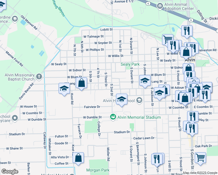 map of restaurants, bars, coffee shops, grocery stores, and more near 328 South 2nd Street in Alvin