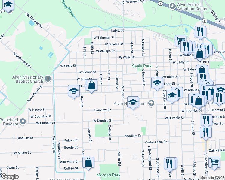 map of restaurants, bars, coffee shops, grocery stores, and more near 1320 West Lang Street in Alvin