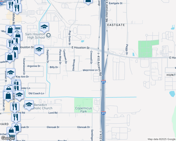 map of restaurants, bars, coffee shops, grocery stores, and more near 5114 Edgemoor Street in San Antonio