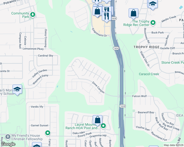 map of restaurants, bars, coffee shops, grocery stores, and more near 1327 Crane Court in San Antonio