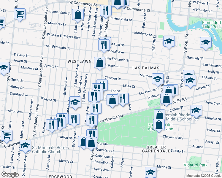 map of restaurants, bars, coffee shops, grocery stores, and more near 438 Las Palmas Drive in San Antonio
