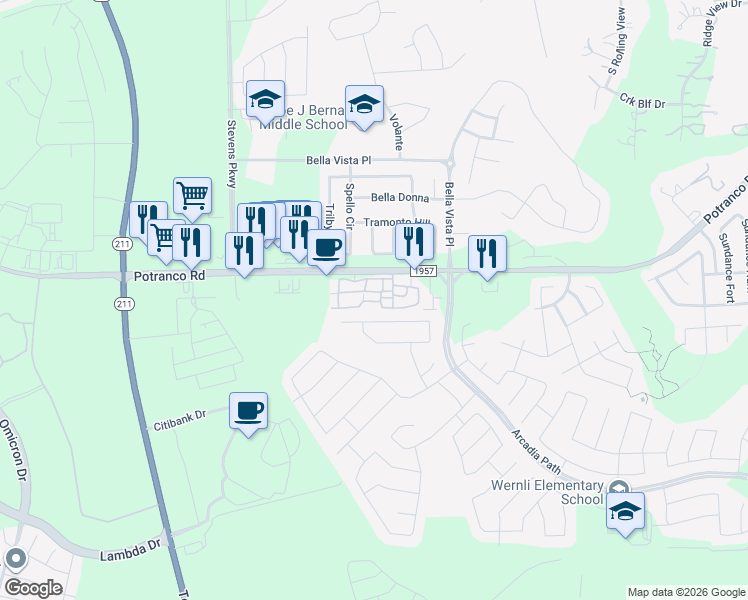 map of restaurants, bars, coffee shops, grocery stores, and more near 14006 Potranco Road in San Antonio