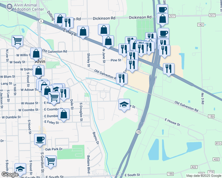 map of restaurants, bars, coffee shops, grocery stores, and more near 1170 East Adoue Street in Alvin