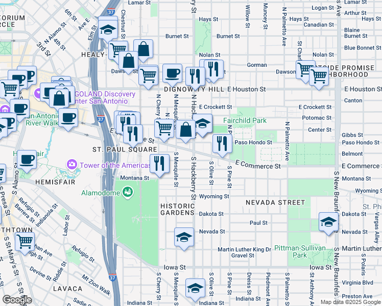 map of restaurants, bars, coffee shops, grocery stores, and more near 1431 East Commerce Street in San Antonio