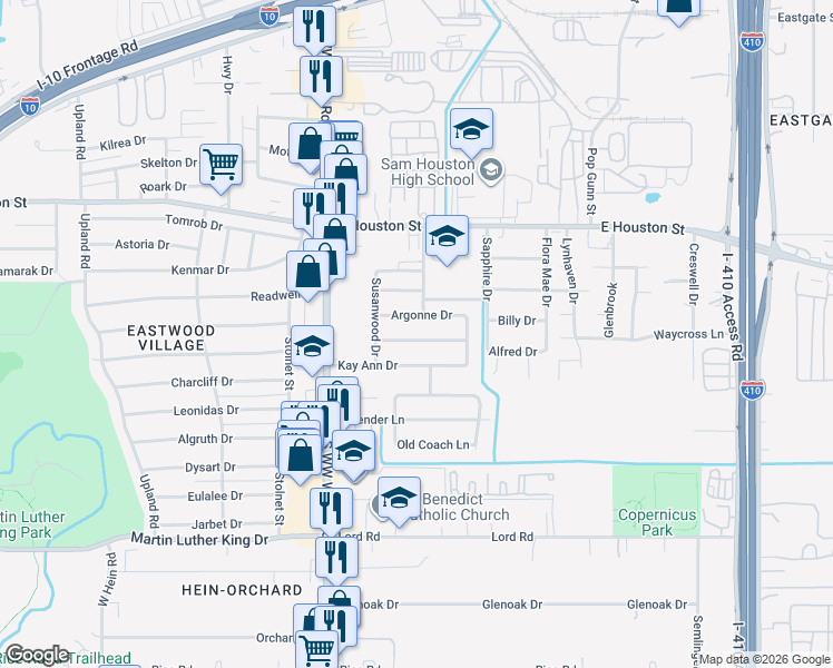 map of restaurants, bars, coffee shops, grocery stores, and more near 4702 Argonne Drive in San Antonio