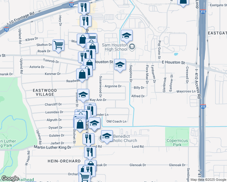 map of restaurants, bars, coffee shops, grocery stores, and more near 4635 Belinda Lee Street in San Antonio