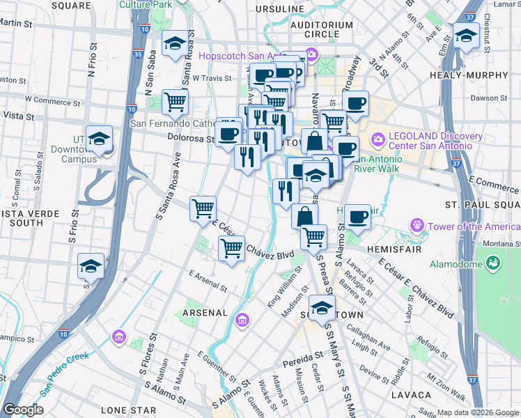 map of restaurants, bars, coffee shops, grocery stores, and more near 230 Dwyer Avenue in San Antonio