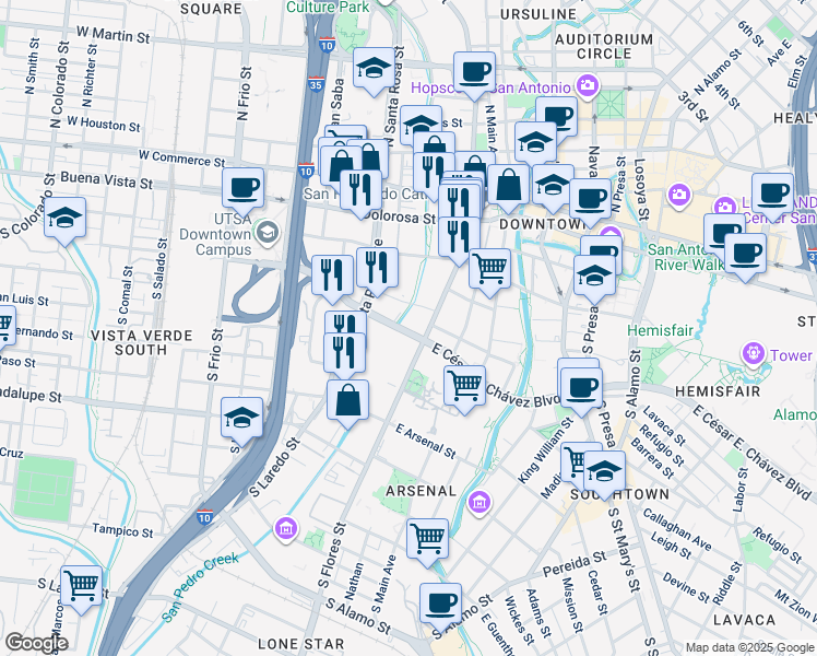 map of restaurants, bars, coffee shops, grocery stores, and more near 411 South Flores Street in San Antonio