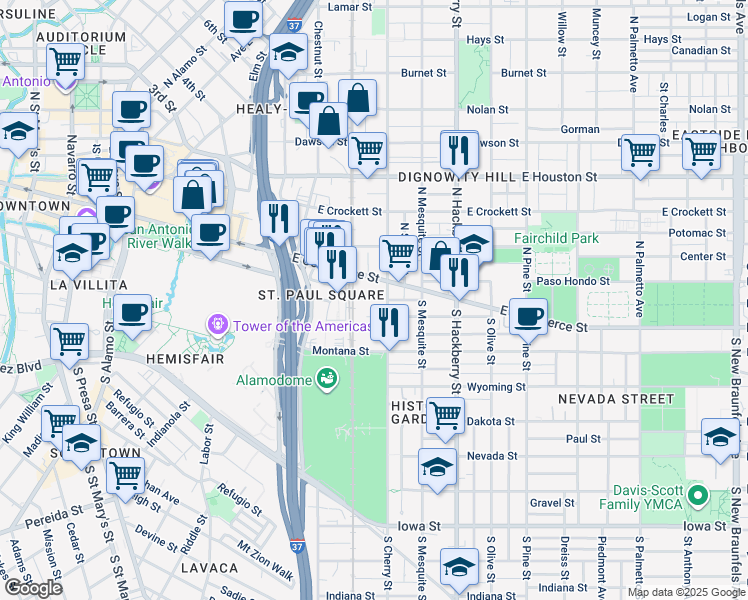 map of restaurants, bars, coffee shops, grocery stores, and more near 1300 East Commerce Street in San Antonio
