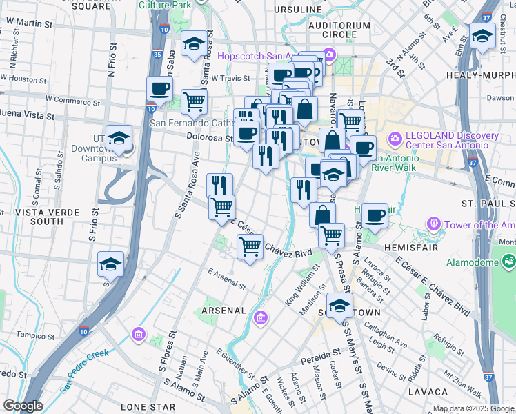 map of restaurants, bars, coffee shops, grocery stores, and more near 227 Dwyer Avenue in San Antonio
