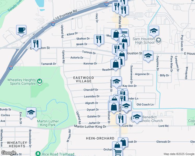 map of restaurants, bars, coffee shops, grocery stores, and more near 256 Longview Drive in San Antonio