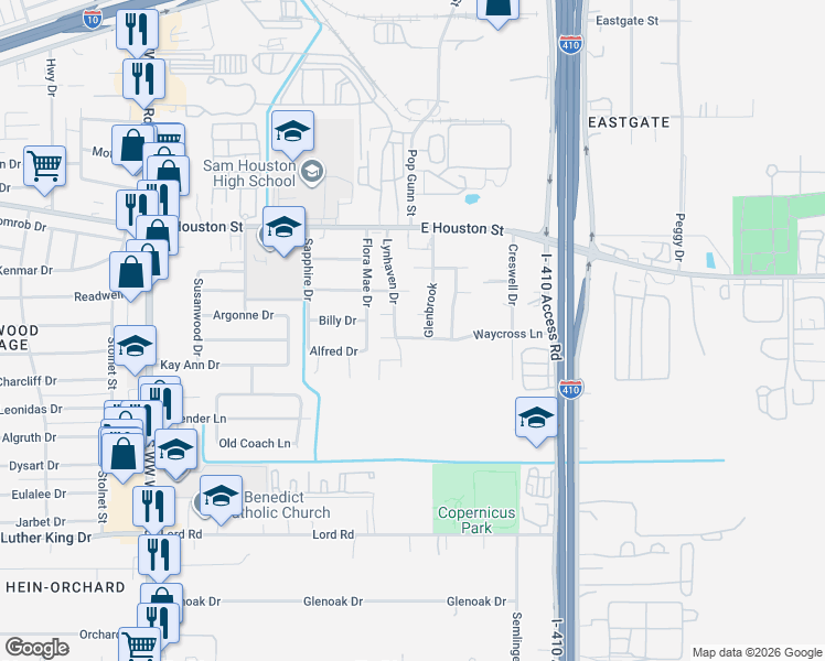 map of restaurants, bars, coffee shops, grocery stores, and more near 5003 Huntsmoor Court in San Antonio