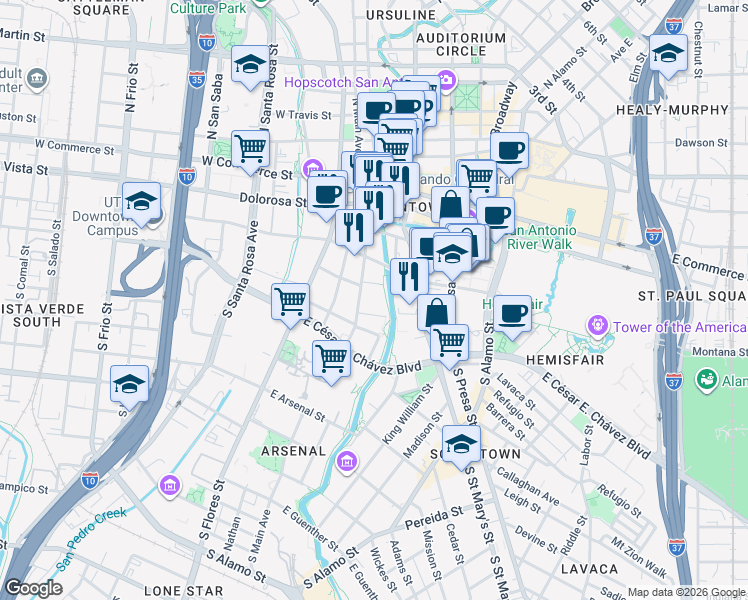 map of restaurants, bars, coffee shops, grocery stores, and more near 226 Dwyer Avenue in San Antonio