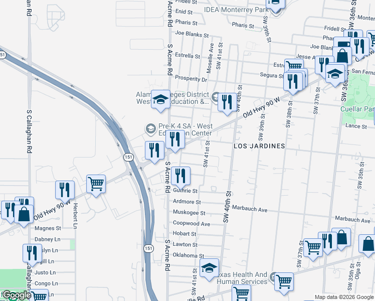 map of restaurants, bars, coffee shops, grocery stores, and more near 1152 Enrique M. Barrera Parkway in San Antonio