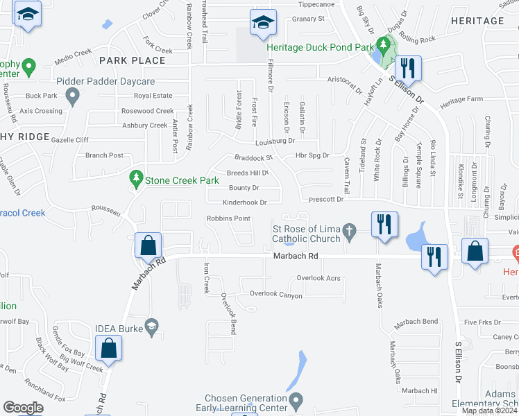 map of restaurants, bars, coffee shops, grocery stores, and more near 10515 Kinderhook Drive in San Antonio