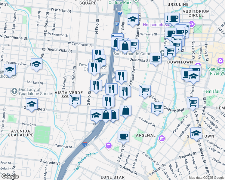 map of restaurants, bars, coffee shops, grocery stores, and more near 440-598 La Trinidad St in San Antonio