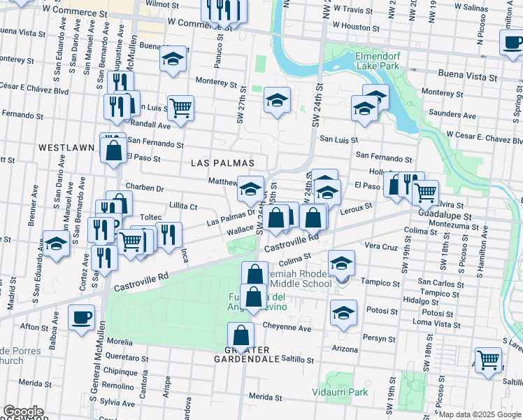 map of restaurants, bars, coffee shops, grocery stores, and more near 100 Las Palmas Drive in San Antonio