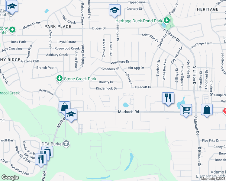 map of restaurants, bars, coffee shops, grocery stores, and more near 10515 Kinderhook Drive in San Antonio