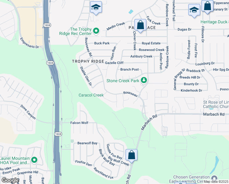 map of restaurants, bars, coffee shops, grocery stores, and more near 9710 Rousseau in San Antonio