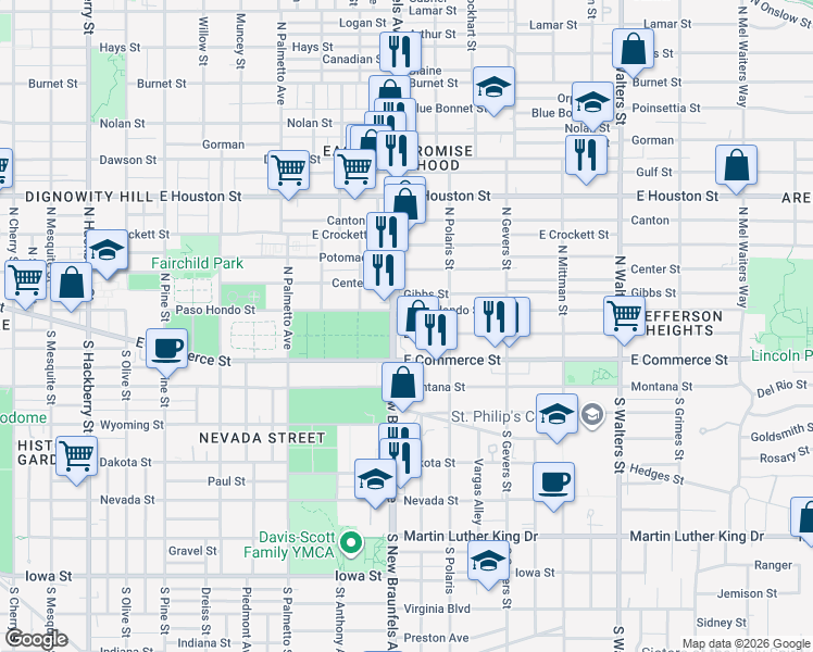 map of restaurants, bars, coffee shops, grocery stores, and more near 1030 Paso Hondo in San Antonio
