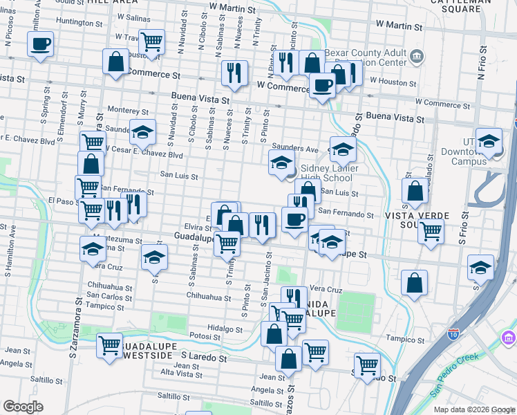 map of restaurants, bars, coffee shops, grocery stores, and more near 1500 San Fernando Street in San Antonio