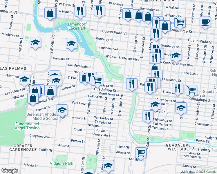 map of restaurants, bars, coffee shops, grocery stores, and more near 1503 Elvira Street in San Antonio