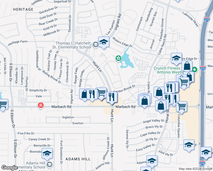 map of restaurants, bars, coffee shops, grocery stores, and more near 1362 Hunters Plane in San Antonio