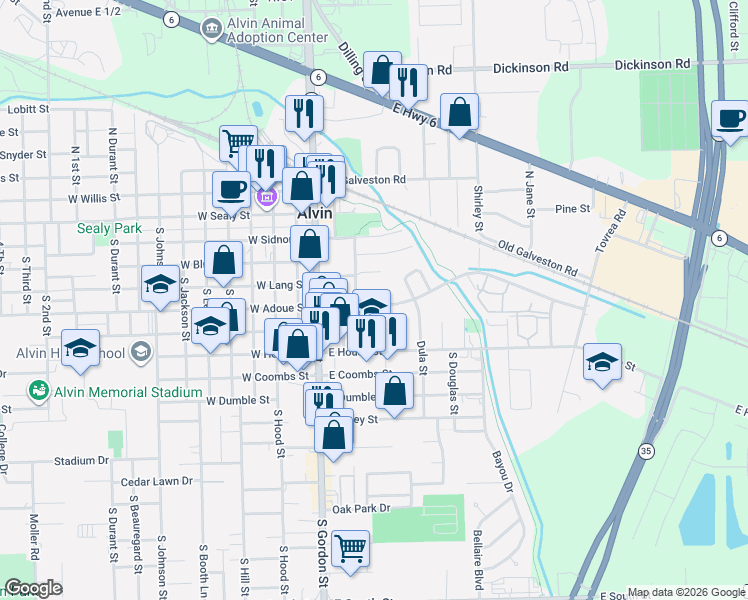 map of restaurants, bars, coffee shops, grocery stores, and more near 377 East Adoue Street in Alvin