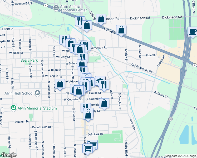 map of restaurants, bars, coffee shops, grocery stores, and more near 304 East Adoue Street in Alvin