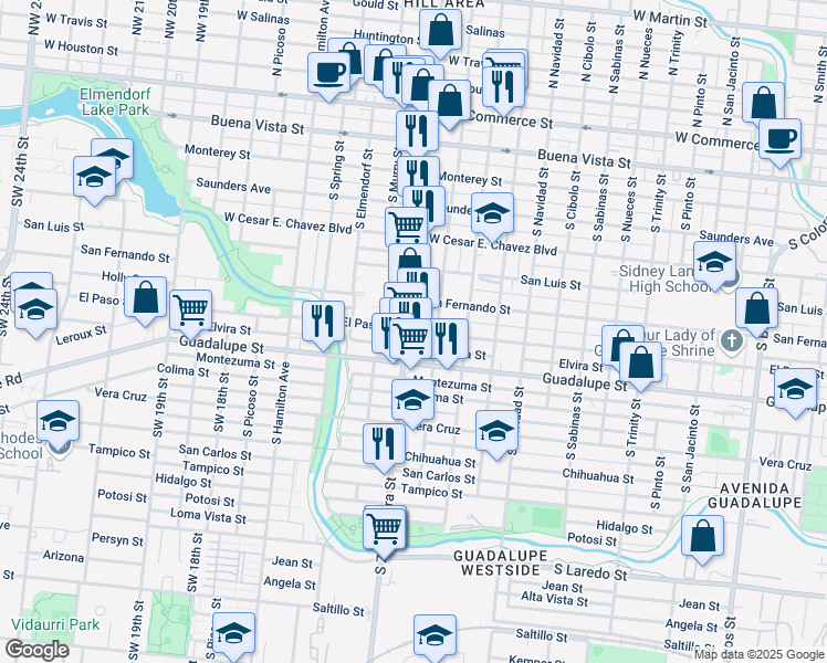 map of restaurants, bars, coffee shops, grocery stores, and more near 2456 El Paso Street in San Antonio