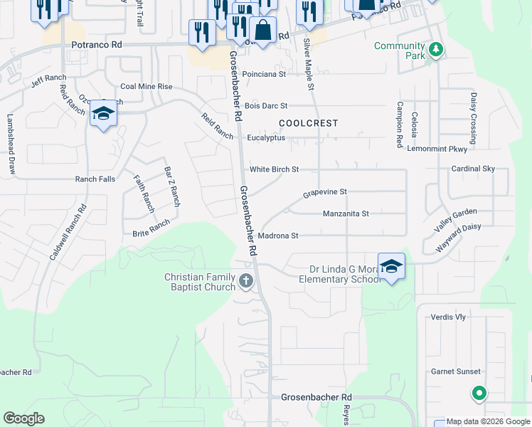 map of restaurants, bars, coffee shops, grocery stores, and more near 12234 White Ash Street in San Antonio