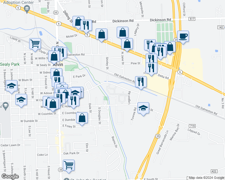 map of restaurants, bars, coffee shops, grocery stores, and more near 1001 East Adoue Street in Alvin