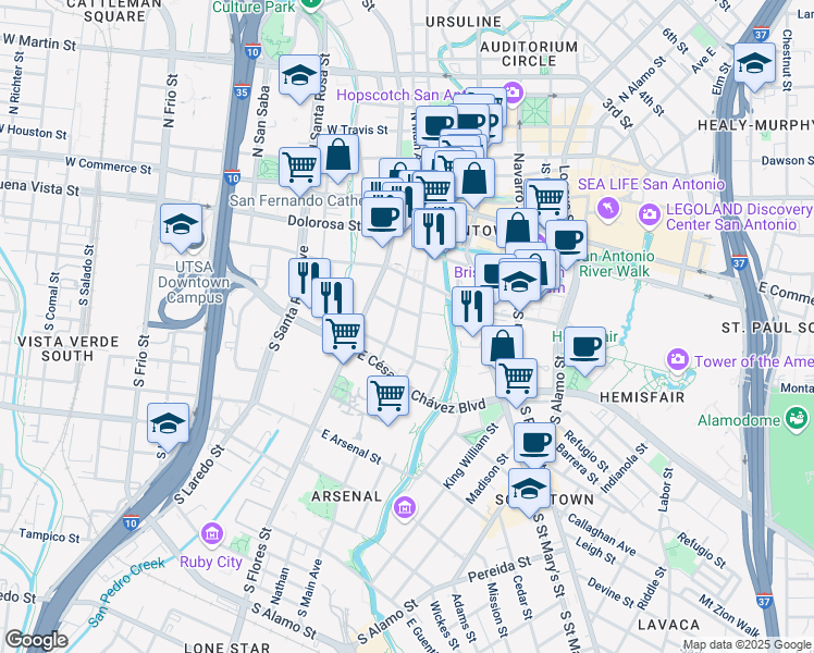 map of restaurants, bars, coffee shops, grocery stores, and more near 400 South Main Avenue in San Antonio