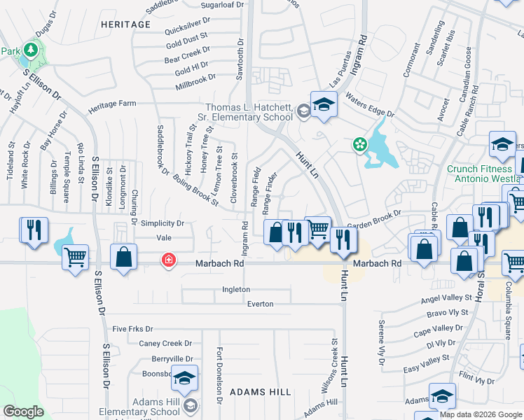 map of restaurants, bars, coffee shops, grocery stores, and more near 1414 Range Field in San Antonio