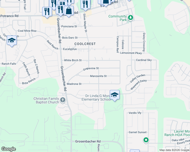 map of restaurants, bars, coffee shops, grocery stores, and more near 12045 Manzanita Street in San Antonio
