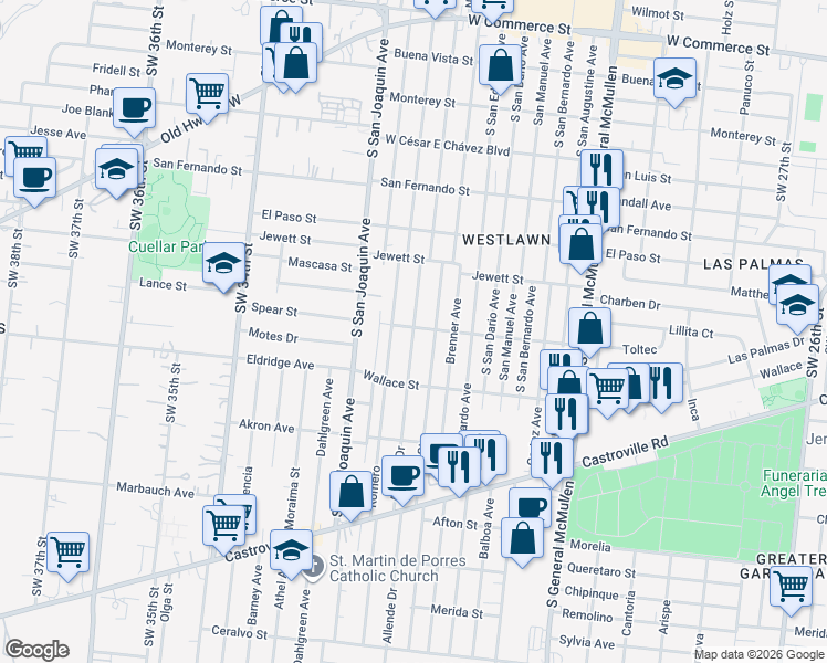 map of restaurants, bars, coffee shops, grocery stores, and more near 931 Allende Drive in San Antonio