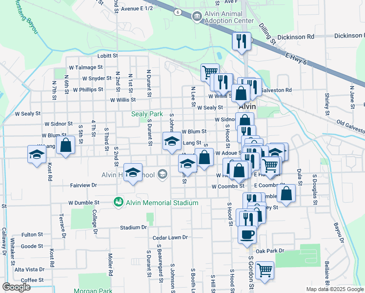 map of restaurants, bars, coffee shops, grocery stores, and more near 703 West Lang Street in Alvin