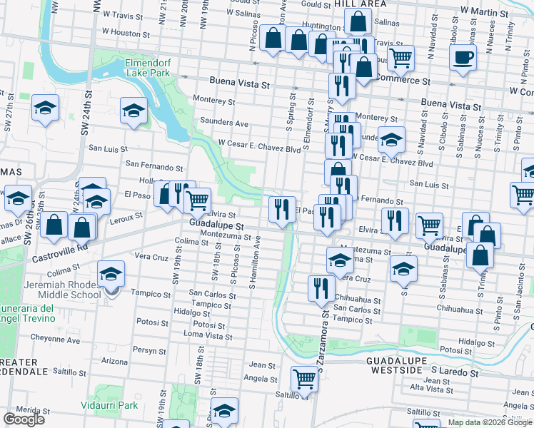 map of restaurants, bars, coffee shops, grocery stores, and more near 2818 El Paso Street in San Antonio
