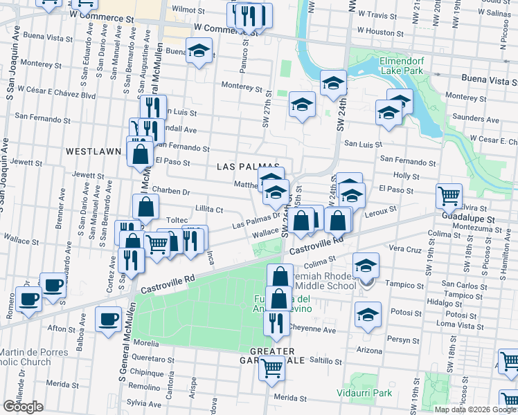 map of restaurants, bars, coffee shops, grocery stores, and more near 123 Charben Drive in San Antonio