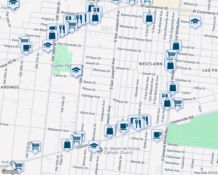 map of restaurants, bars, coffee shops, grocery stores, and more near in San Antonio