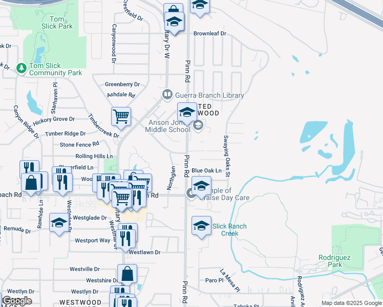 map of restaurants, bars, coffee shops, grocery stores, and more near 1302 Pinn Road in San Antonio