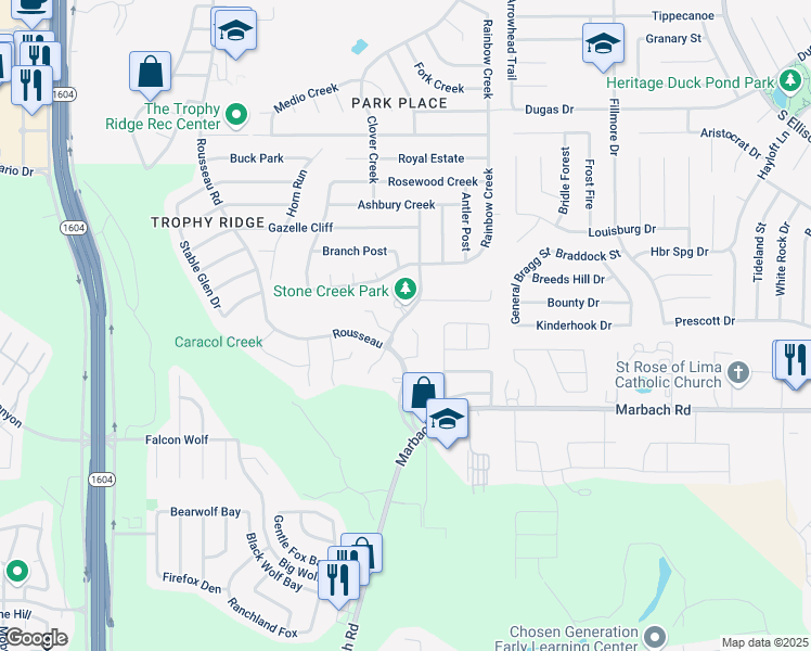 map of restaurants, bars, coffee shops, grocery stores, and more near 10412 Branch Crest in San Antonio