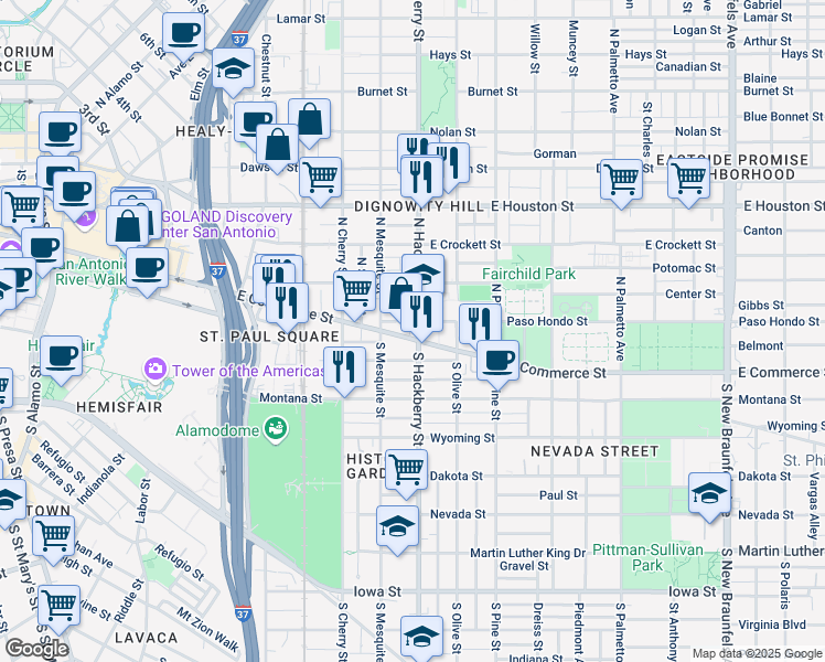 map of restaurants, bars, coffee shops, grocery stores, and more near 1431 East Commerce Street in San Antonio