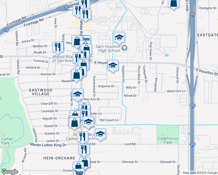 map of restaurants, bars, coffee shops, grocery stores, and more near 4702 Argonne Drive in San Antonio